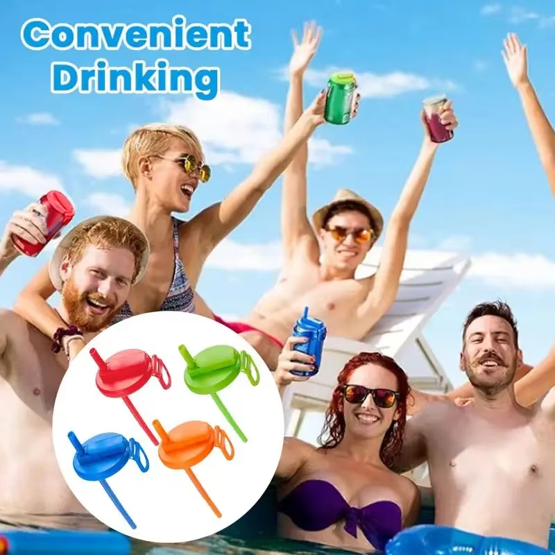 4 Pack Reusable Silicone Soda Can Lid Covers with Straw for Canned Soda Beer Drinks & Beverages
